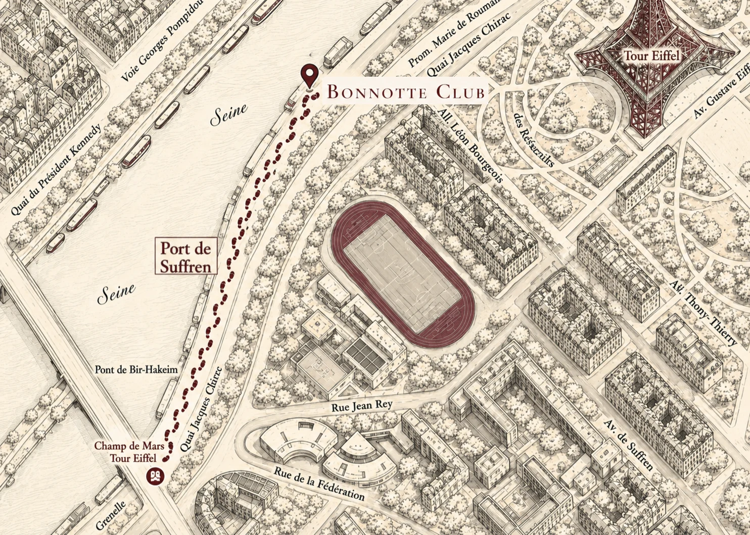Illustrated walking map from Champ de Mars–Tour Eiffel station along Port de Suffren to Bonnotte Club